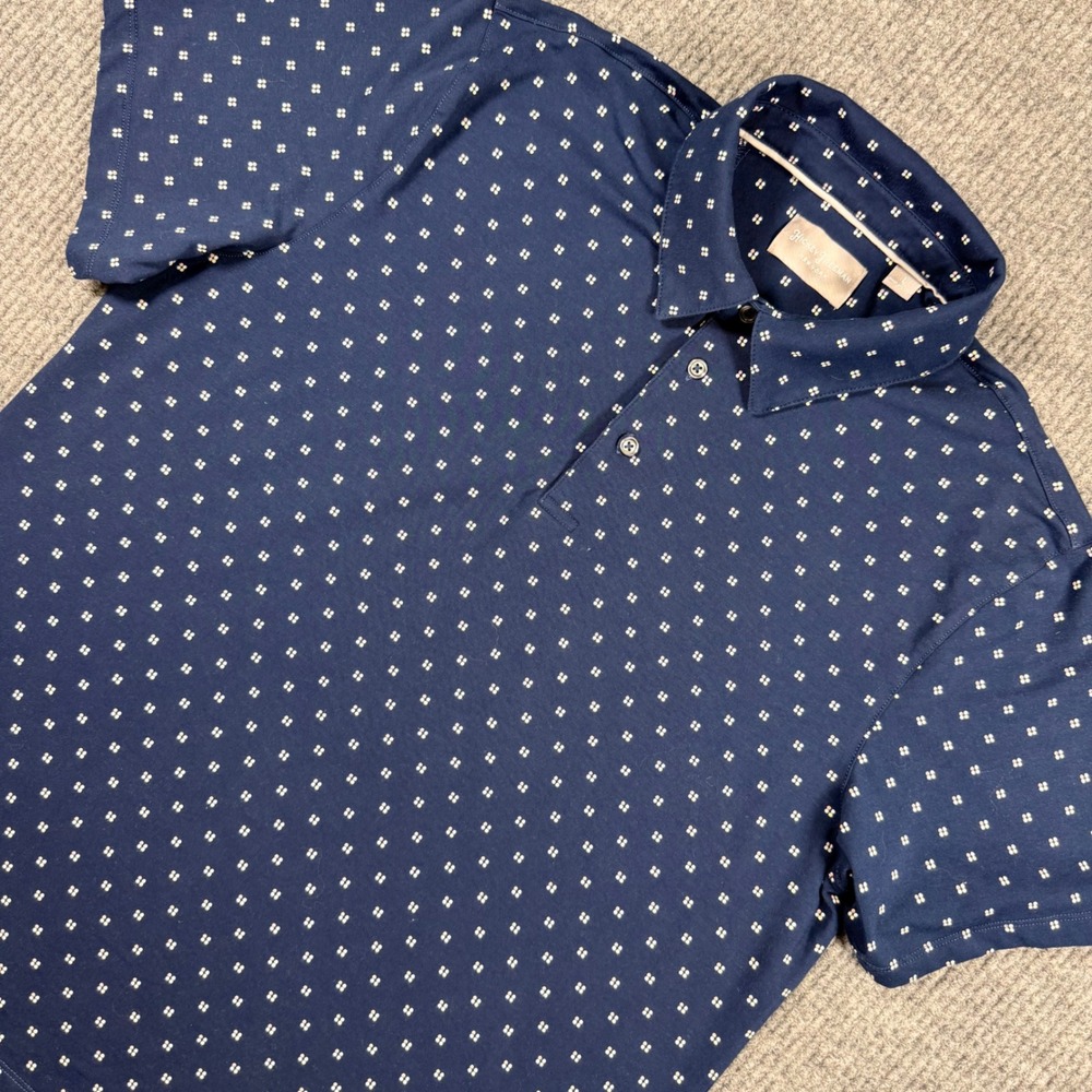 Hickey Freeman Mens Navy Blue Geometric Micro Print Short Sleeve Polo Shirt L